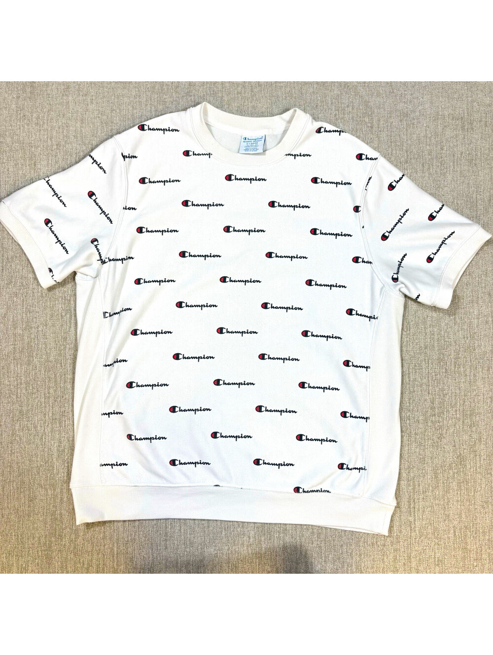 Champion Reverse Weave Short Sleeve Sweatshirt Mens XL White Allover Script Logo